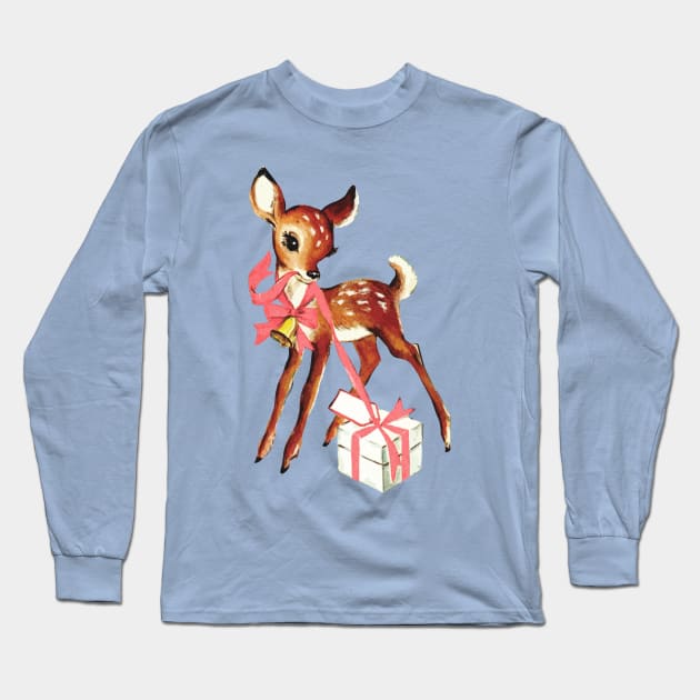 Retro Christmas Reindeer with Gift Long Sleeve T-Shirt by PUFFYP